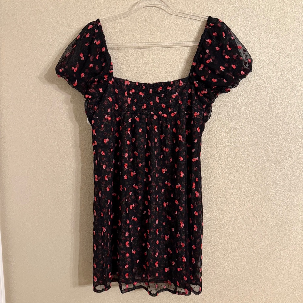 Free People Black Mini Dress with Pink Floral Print Whimsy Goth - Picture 10 of 12